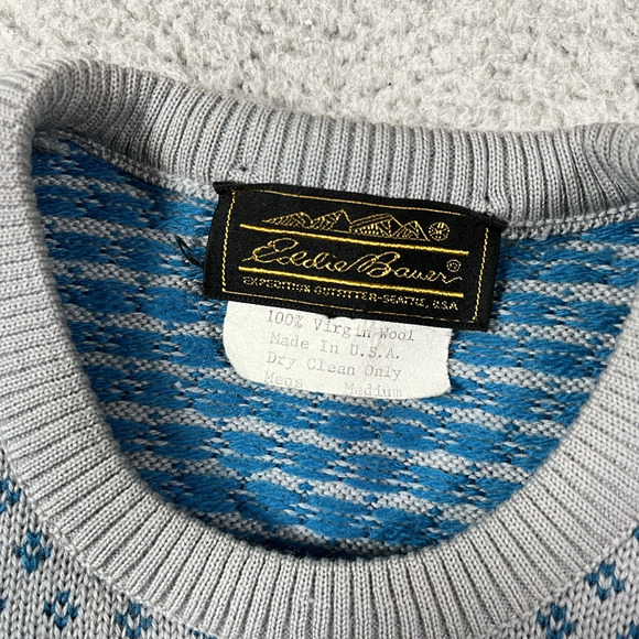 Eddie Bauer Sweater Mens M Gray Blue Wool Fair Isle Nordic Made USA Knit - Picture 3 of 13